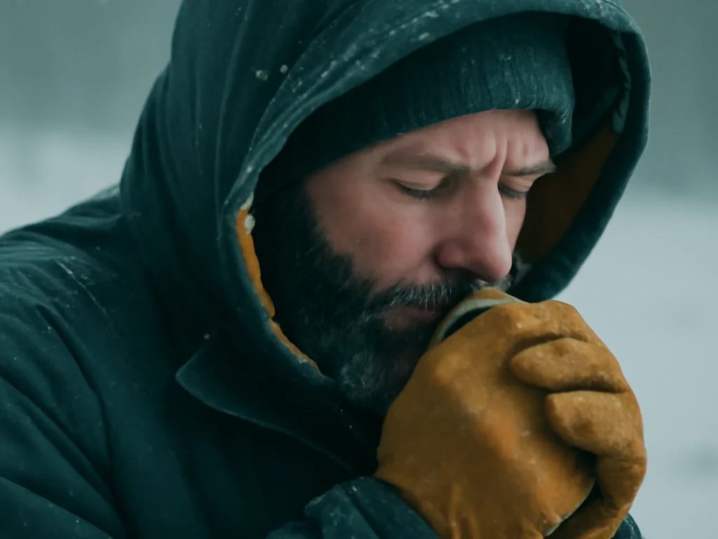 Verschiedene warme Kleidungsschichten und Ausrüstung