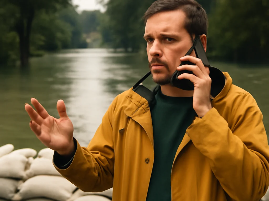 Haus mit Sandsäcken vor Eingang schützt vor Wasser